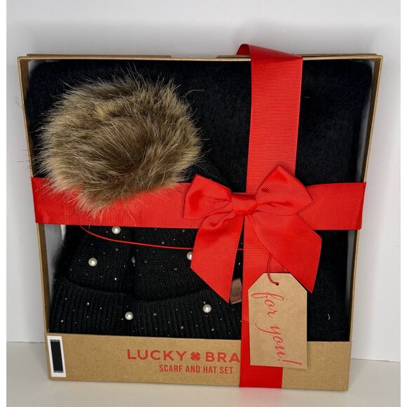 Lucky Brand Black Beanie Scarf Set Faux Fur Pom Pom Sparkle Pearl Winter Gift - Picture 4 of 4